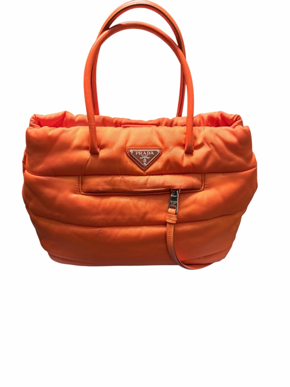 Prada Orange Padded Nylon Tote with Logo Plaque w Original Box & Dust bag